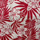 Red and white Hawaiian hibiscus floral and palm leaf print on 100% rayon fabric.
