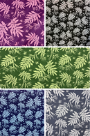 A 6-panel grid showcasing the Coastal Canopy tropical palm leaf pattern in multiple vibrant colorways: Magenta/Purple, Charcoal Black, Emerald Green, Royal Navy Blue, Slate Blue, and Indigo.