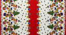 A festive white polyester fabric featuring a repeating pattern of Christmas trees, snowmen, teddy bears, and gift boxes, flanked by two bold red vertical borders decorated with white snowflake-like accents.