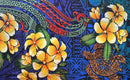 A flat-lay view of the Hibiscus, Plumeria Assortment Sarong (Style 4) featuring a vibrant Polynesian-inspired design. The pattern includes large yellow and orange plumeria flowers set against a rich blue background. The design is layered with traditional tribal motifs, including a large stylized orange sea turtle (honu), swirling red and black ocean waves, and intricate white geometric patterns throughout the fabric.