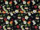 Colorful pattern of slot machines, flowers, and signs on a black background