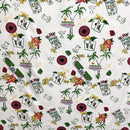 Jackpot on a Strip Hawaiian fabric print featuring Las Vegas casino signs, roulette wheels, playing cards, dice, and tropical palm trees on white background.