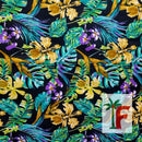 Tropical Hawaiian orchid and palm print fabric in Pō Midnight black with yellow and purple florals.