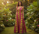 Magenta and lime green Hibiscus, Sea Turtle Rayon Challis Fabric fashioned into a summer maxi dress with side slits.