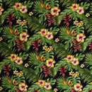 Black colored Hibiscus Plumeria Split Banana Palm Leaves Fabric