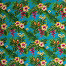Turquoise colored Hibiscus Plumeria Split Banana Palm Leaves Fabric
