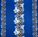 Blue Hibiscus Tropical Leaves w/ Patches of Traditional Tapa Double Border Polyester Fabric